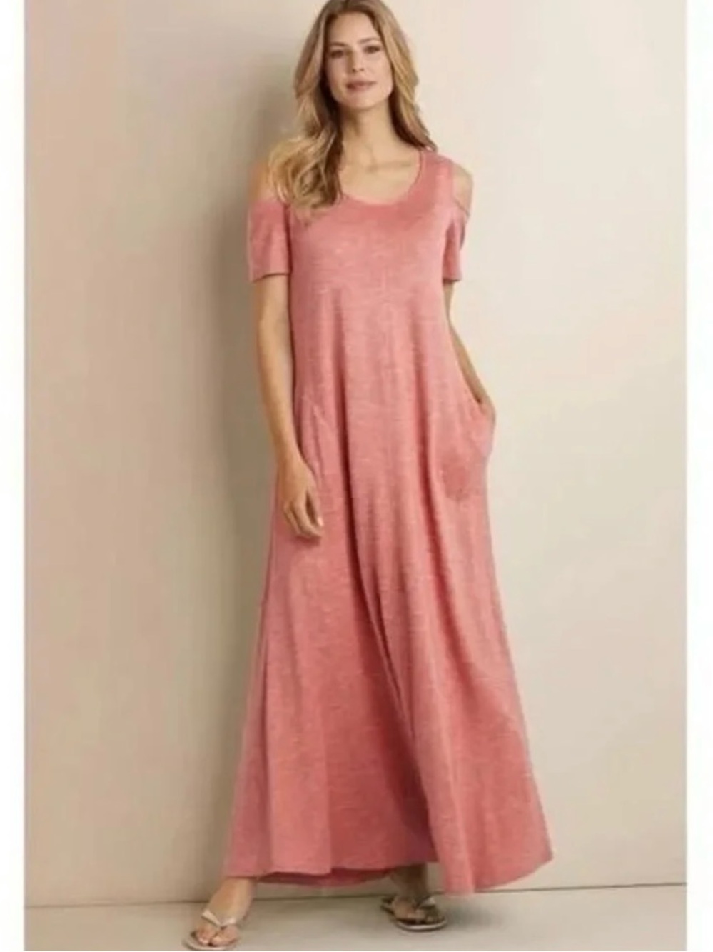 Soft Surroundings Heather Pink Cold Shoulder Maxi Dress Size Petite Medium